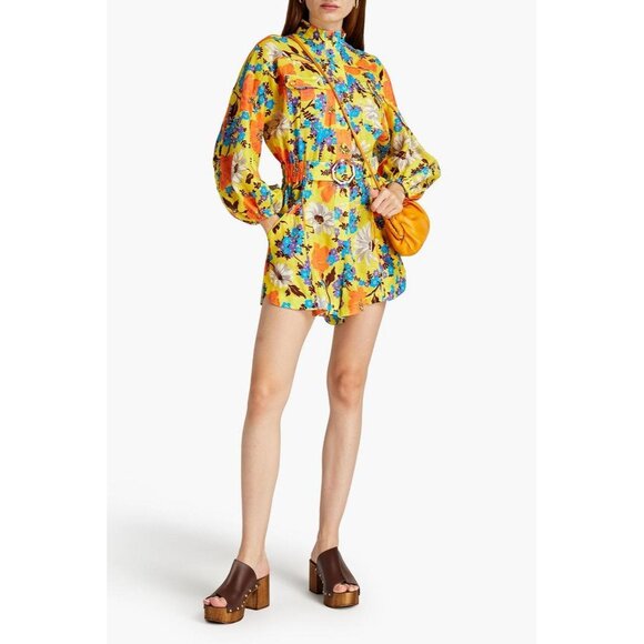 ZIMMERMANN Estelle Belted Floral-print Linen Play-suit In Yellow Size 0 AU 4 US